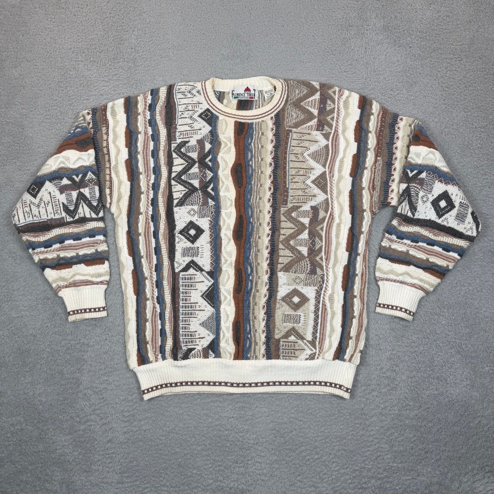 Vintage Florence Tricot 3D Knit Sweater Mens XL Earth Tone Geometric Coogi Style